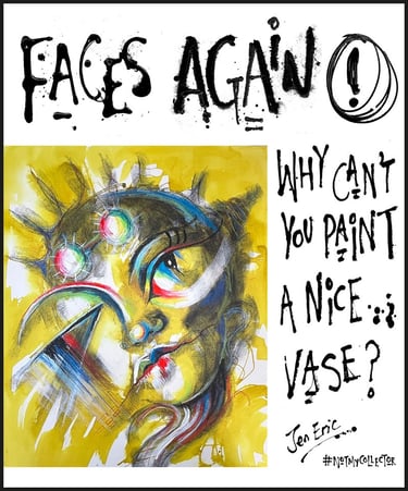 Abstract face painting from Tara Roskell’s Not My Collector series on a yellow background, shown with the critic quote ‘Why c