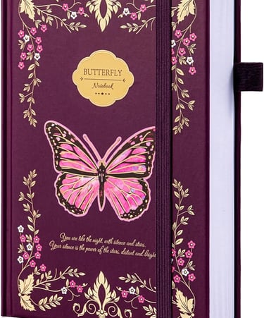 Burgundy hardback journal with gold detailing and pink butterfly illustration, elegant writing noteb