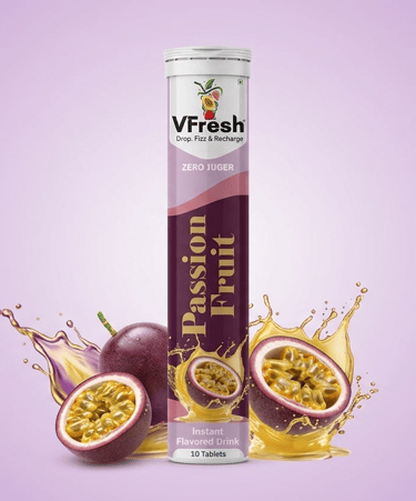 VFresh passion fruit effervescent tablets tube with fresh fruit slices and liquid splashes.