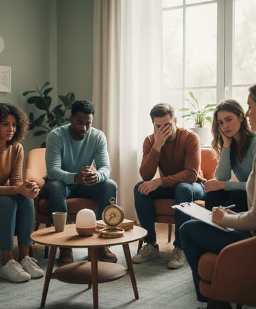 A group therapy session for adults struggling with mental health, featuring a compass with guidance.