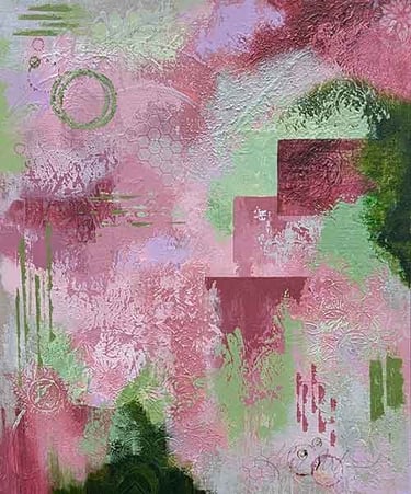 Textured abstract painting in pinks, greens, maroon, with a touch of lavendar