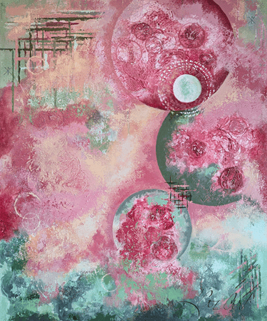 abstract painting in warm rose tones, muted greens, hints of gold and cream