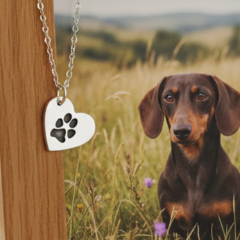 Heart-shaped silver paw print necklace hanging near a brown dachshund in a grassy field.