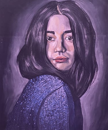 a painting of a woman with a blue sweater