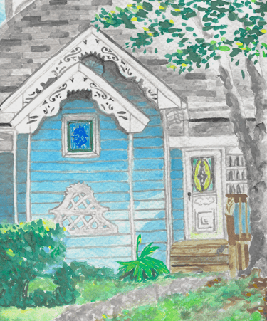 watercolor painting of a blue victorian house