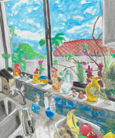 watercolor painting of kitchen sink