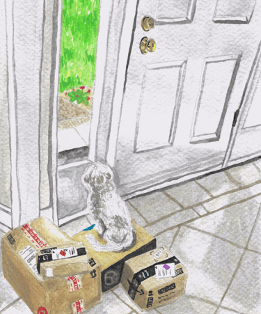 watercolor painting of dog sitting by a door on sitting on a box