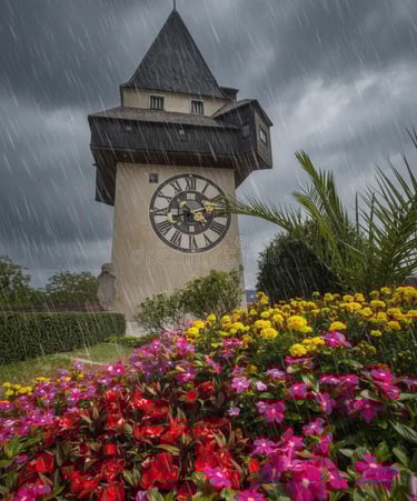 Schlossberg Graz clock tower rising above colorful flowers in dramatic spring rain