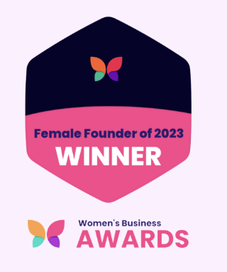 a butterfly logo on an award with the words female founder winner of the year