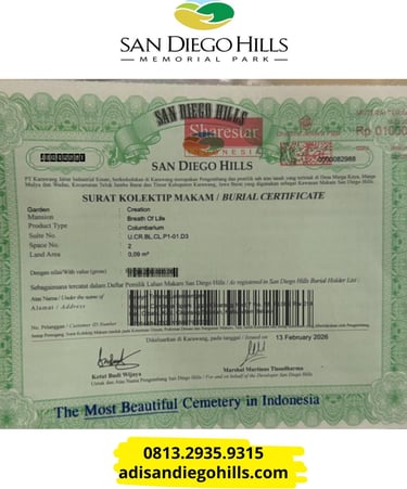 Sertifikat makam San Diego Hills resmi atau burial certificate sebagai bukti kepemilikan lahan