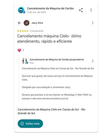 Cancelamento da Maquina Cielo em Caxias do Sul Rio Grande do Sul