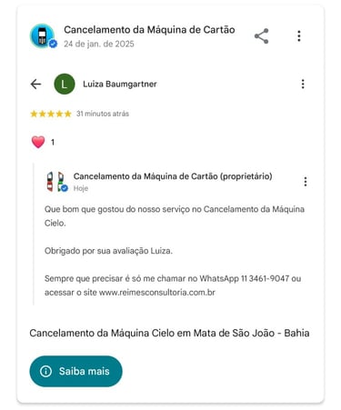 Cancelamento da Maquina Cielo em Mata de Sao Joao Bahia