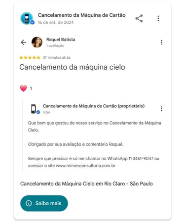 Cancelamento da Maquina Cielo em Rio Claro Sao Paulo