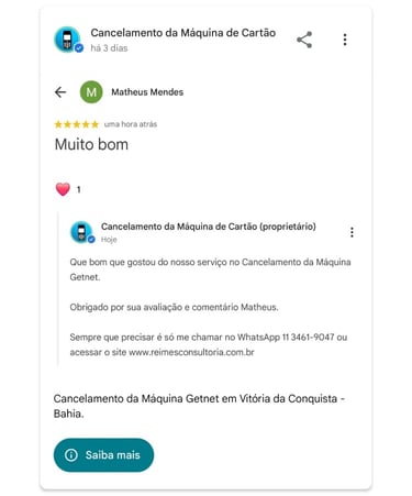 Cancelamento da Maquina Getnet em Vitoria da Conquista Bahia