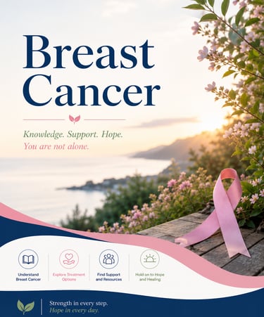 Breast cancer awareness poster with a pink ribbon overlooking a sunset coastline with treatment resources.