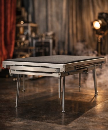 Professional portable stage platform with adjustable aluminum legs on a theater set with stage lighting.