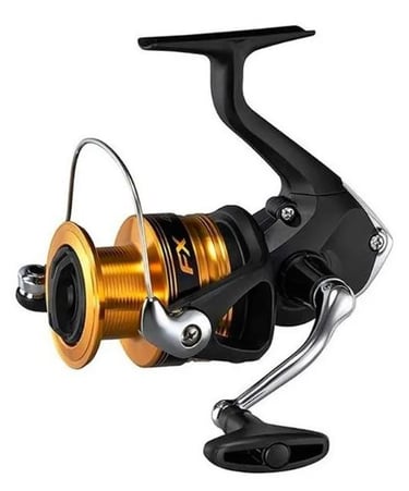 molinete shimano fx pesca leve preto com detalhes dourado. bom para pesca leve.