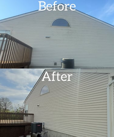 Before and after professional soft wash house siding cleaning results on a residential home.
