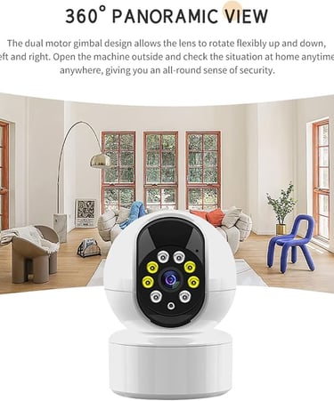 A white 360-degree panoramic smart home security camera with a dual motor gimbal in a modern living room.