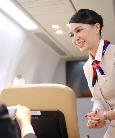 a woman in a uniform is standing in front of a woman in a suit and
