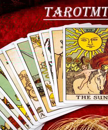 a tarot deck on a red velvet table