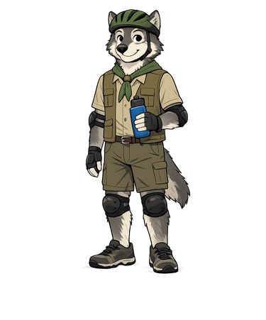 A wolf scout leader wearing a bike helmet and holding a water bottle.