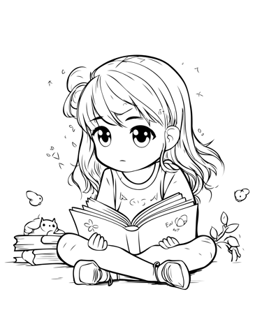 a girl reading a book while sitting on a pile of books