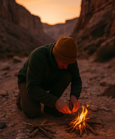 Camper lighting fire at dusk in remote desert canyon wilderness
