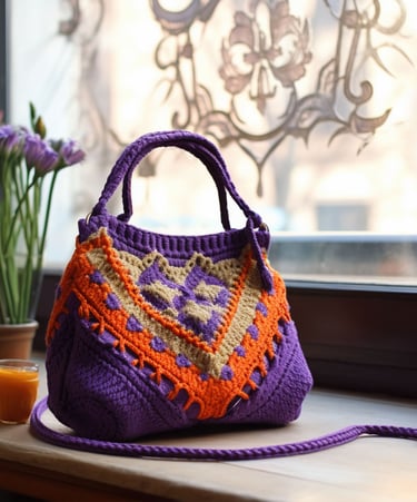 Bolso de mano de ganchillo hecho a mano, de color morado y naranja, sobre el alféizar de una ventana