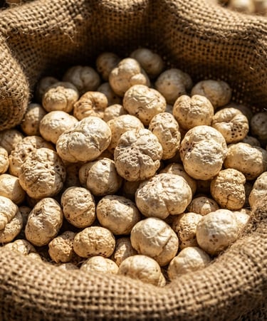 Macro close-up of raw makhana seeds in a rustic burlap sack under harsh, high-contrast natural sunlight, showcasing rich agricultural texture.