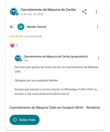 Cancelamento da Maquina Cielo em Guaruja Mirim Rondonia