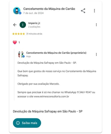 Devolucao da Maquina Safrapay em Sao Paulo SP