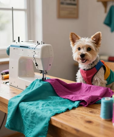 Bright natural light photography of a colorful pet tailoring workshop in Celaya, vibrant teal and magenta fabrics on a wooden table, sewing machine, warm daylight, 35mm