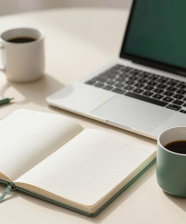 A sleek, minimalist workspace with a laptop, a notebook, and a coffee mug on a #FCFBF5 cream surface, soft morning light, professional and calming atmosphere with subtle #00381f accents.