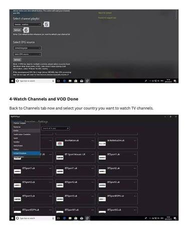 Screenshot of MyIPTV Player software showing channel playlist selection and a grid of UK sports channels.