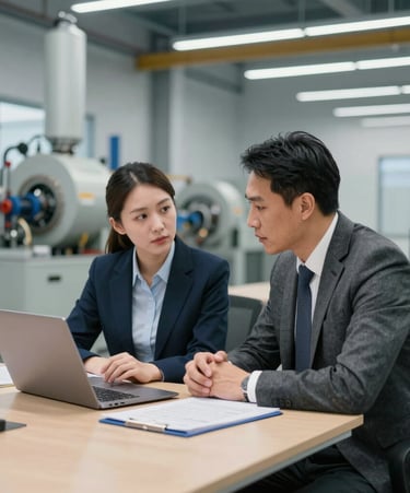 A professional consultant discussing machinery options with a client in a bright office.