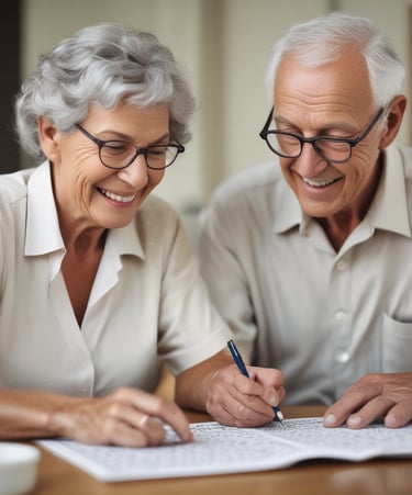 Children and seniors happily engaging with illustrated books and puzzles.