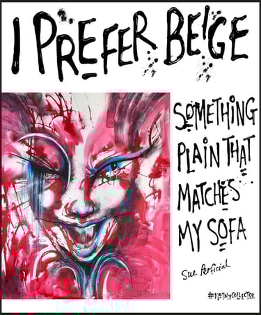 Red abstract face painting with criticism from the satirical series Not My Collector By Tara Roskell