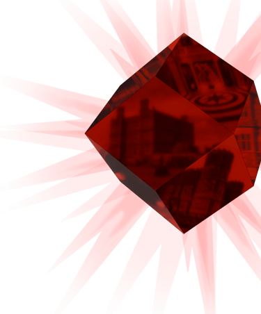 A red rhombic dodecahedron resembling a garnet crystal and reflecting images of country houses