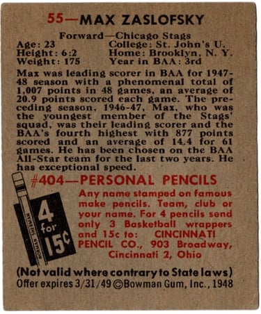 1948 Bowman No 55 Max Zaslofsky Basketball Card (back)