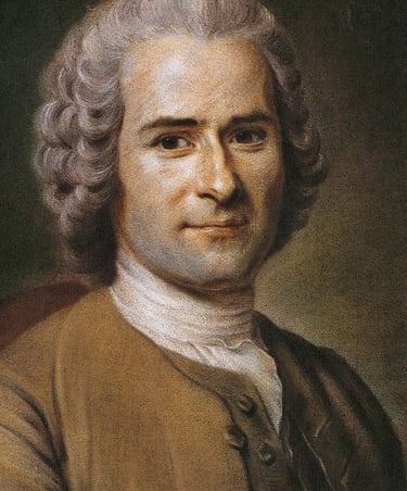 Porträt von Jean-Jacques Rousseau mit gepuderter Perücke und in Kleidung aus dem 18. Jahrhundert.