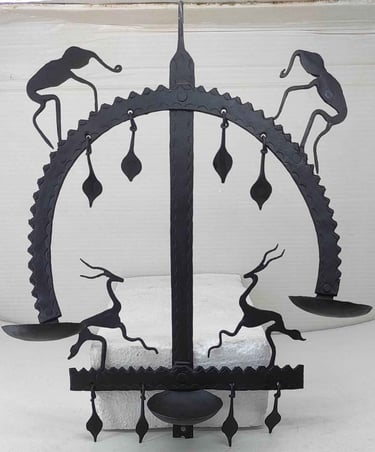 "Tribal oil lamp with elephant face pattern–iron hanging light-Export-ready"