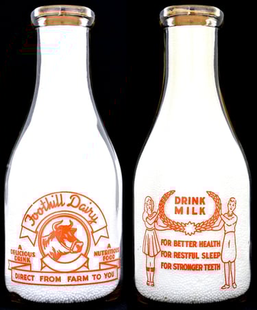 Foothill Dairy California milk bottle from Asuza California for sale.  Milk bottles for sale.