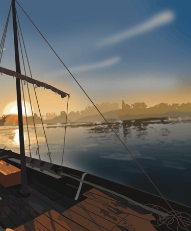 a boat on the water with a sunset in the background