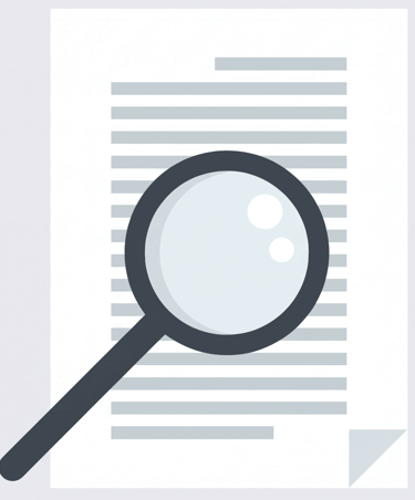 Un ícono de lupa sobrevolando un documento en papel para búsqueda y análisis de datos.