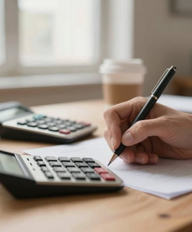 Close-up of hands writing calculations on a document, warm natural window light, calculator and coffee cup blurred in the background, soft earth tones, shallow depth of field.