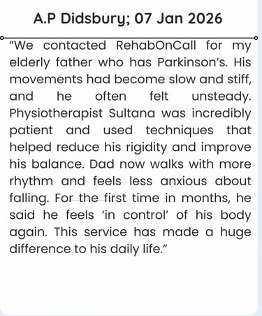 Patient review about physiotherapy service after their recovery journey.