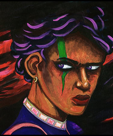 Acrylic painting of a fierce warrior woman with purple hair and green facial stripe.