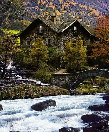 Acrylic and Gouache painting of a rustic mountain house by a rushing river with a small stone bridge