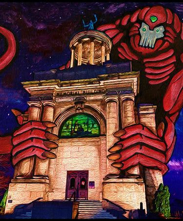 Surreal painting of a giant red monster gripping a classic stone building under a starry night